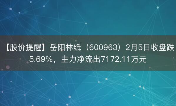 【股价提醒】岳阳林纸（600963）2月5日收盘跌5.69%，主力净流出7172.11万元